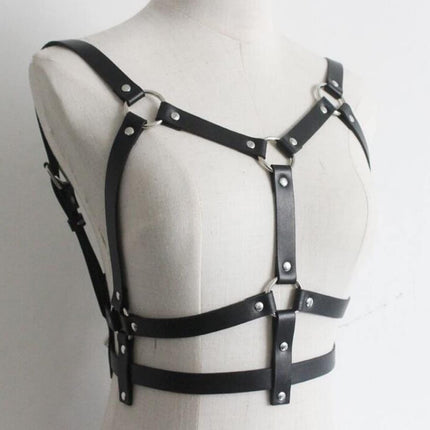 BDSMYEE Leather Harness, BDSM Lingerie, Bra Body Harness, Sexy Outfit for Women, Dominatrix, Rave, Fetish Clothing (F)