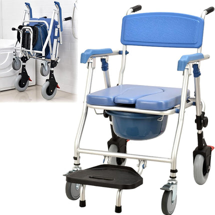 Generic Commode Chair with Wheels for Seniors 150kg Foldable Commode Chair with Armrest Mobile Commode Chair Shower Chair with Wheels WC Chair with Removable Bucket