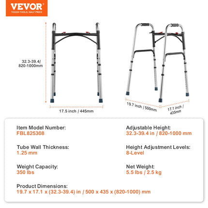 VEVOR Foldable Walker, 2-Button Folding Walker with 8-Level Height Adjustable and Sturdy Handles, Lightweight Aluminum Walking Aid for Elderly and Disabled People, up to 350 lbs