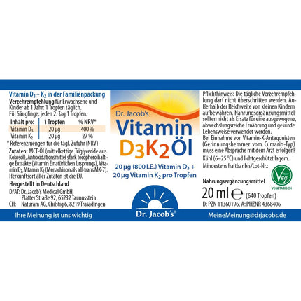 Dr. Jacob's Vitamin D3 K2 Oil Drops | Dietary Supplement for Bones¹ and Immune System² | High Bioavailability | Vitamin D3 and K2 Oil | 20 ml | Vegetarian