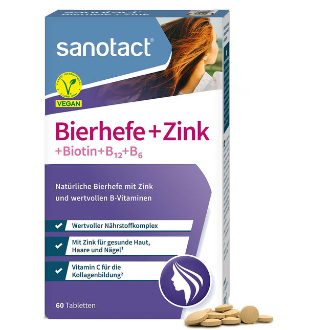 sanotact Brewer's Yeast + Zinc (60 tablets) • For skin, hair &amp; nails • Vitamin complex with brewer's yeast, zinc, biotin, vitamin B12, B6 &amp; vitamin C • Skin &amp; hair vitamins • 100% vegan