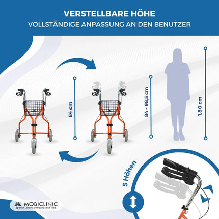 Mobiclinic, Caleta model, Rollator, Walker for seniors and disabled people, With 3 wheels, Foldable walking aid, Steel, Adjustable, Basket, Carrying bag, Brakes on the levers, Orange