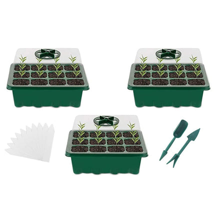 Indoor greenhouse growing box, 3 germination trays with lid, mini greenhouse growing set, seedling starter trays, greenhouse growing tray, with 2 gardening tools, 10 plant tabs green