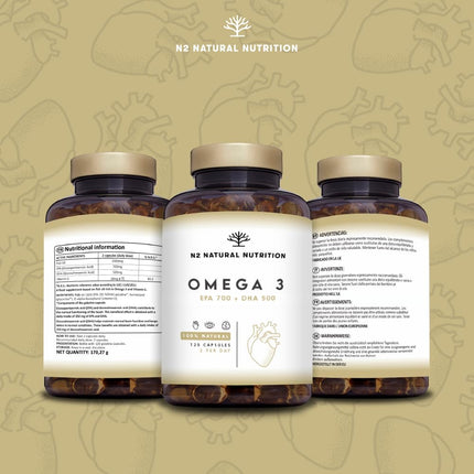 Omega 3 Capsules Highly dosed with 2000 mg fish oil with 700 mg EPA and 500 mg DHA, fish oil with vitamin E and omega 3 fatty acids. 120 softgel capsules of pure marine fish oil from N2 Natural Nutrition