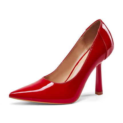 GENSHUO Unique conical stiletto heels – 10 cm high, pointed toe for an elegant and confident style, red patent leather, 39 EU