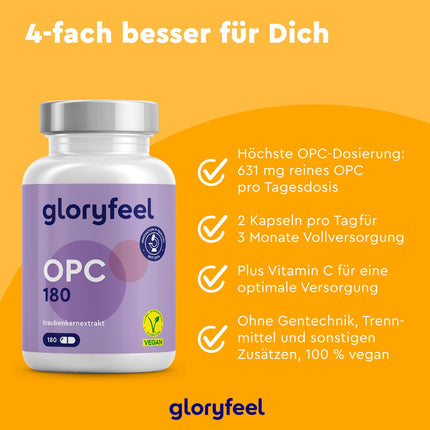 OPC Grape Seed Extract Capsules - 1052mg Extract PLUS Vitamin C per Daily Dose - Original French Grapes - 180 Vegan Tablets - Independently Laboratory Tested