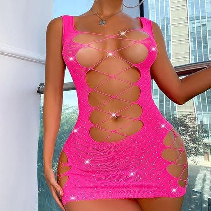 Women's Party Dress, Women's Short Fishnet Dress, Clubwear Party Dress Mesh Inserts, Sexy Mini Dress Lingerie Set, Sexy Bodycon Fishnet Mini Dress (Pink)