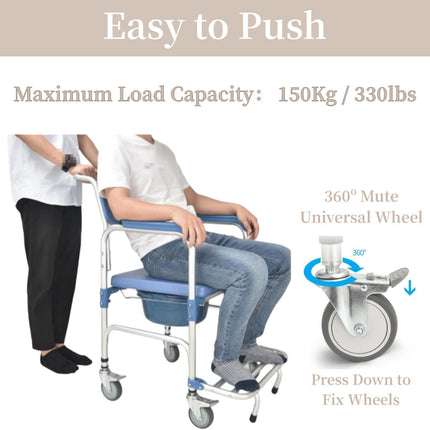 Shower chair with wheels, toilet chair for seniors, wheelchair with shower seat, waterproof chair, commode, load capacity 150 kg for patients, seniors, disabled pregnant women