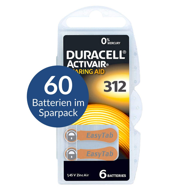 60 x Duracell Activair hearing aid batteries type 312 brown - Mercury Free 0% Hg