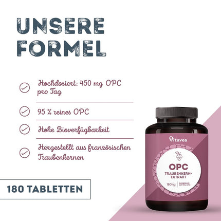 OPC Grape Seed Extract - High Dose with 95% Pure OPC - From French Grapes - Laboratory Tested (HPLC Method), Vegan - 180 Tablets - Vitavea