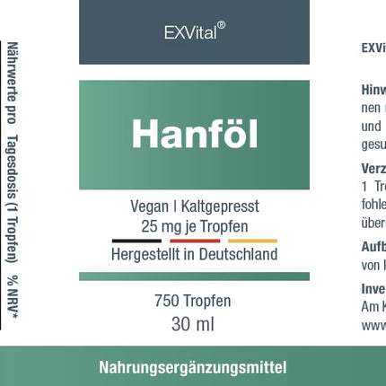 EXVital hemp seed oil, 25mg per daily dose, 750 drops, cold-pressed, 30ml, premium cultivation, vegan &amp; laboratory-tested