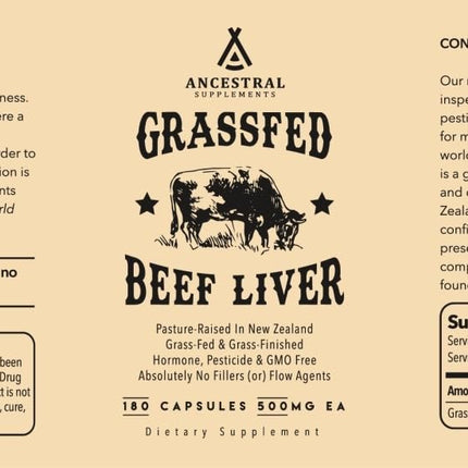Grass-fed beef liver capsules by Ancestral Supplements, full-spectrum nutrition, rich in B vitamins, iron &amp; magnesium - 180 capsules - 500 mg