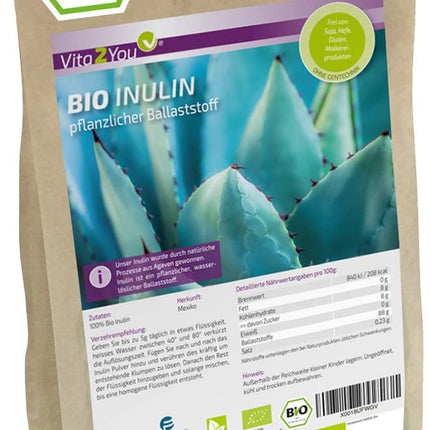Vita2You Organic Inulin Powder 500g - Fiber - Prebiotic - Organically Grown - Laboratory Tested - Gluten-Free - from Agave - Premium Quality