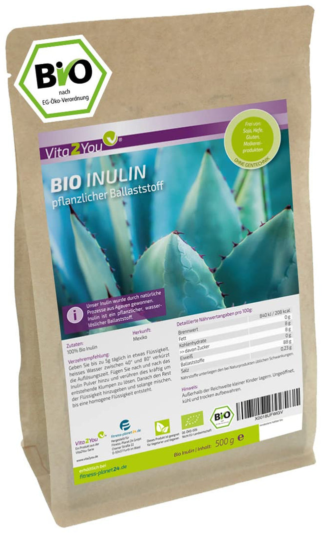 Vita2You Organic Inulin Powder 500g - Fiber - Prebiotic - Organically Grown - Laboratory Tested - Gluten-Free - from Agave - Premium Quality