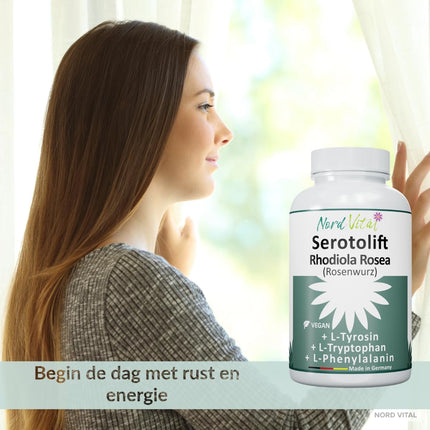 Nord Vital Serotolift - Serotonin and Dopamine Precursors - Rhodiola Rosea, L-Tryptophan, L-Tyrosine, L-Phenylalanine, Chromium, Zinc, Vitamins D3, B5, B6, B9 and B12 - Vegan - Made in Germany