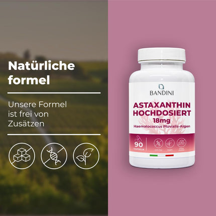 Bandini® Pure Astaxanthin 18 mg per capsule, 90 capsules (3-month supply), Algae Haematococcus Pluvialis - Natural Astaxanthin, free from magnesium stearate, GMO-free