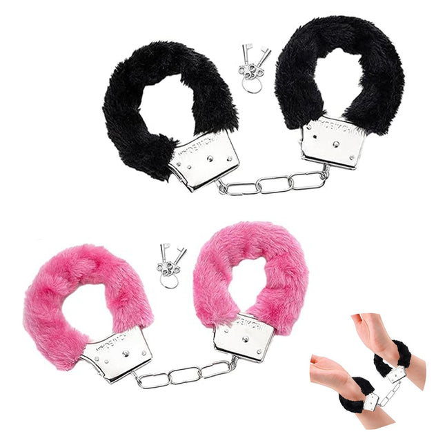 2 Pairs of Metal Handcuffs with Key Set, Plush Handcuffs for Sex Games, Cosplay Costume Accessories Kids Toy for Costume Ball Party Valentine's Day Gift (Pink &amp; Black)