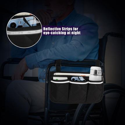 Wheelchair bag for armrest Wheelchair storage bag with 3 compartments and reflective armrest pocket for wheelchairs strollers