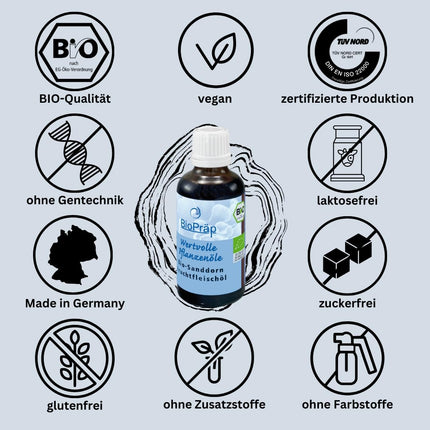 BioPräp ORGANIC Sea Buckthorn Oil from the Pulp | 50 ml | vegan and organic | cold-pressed | produced in Germany | certified production