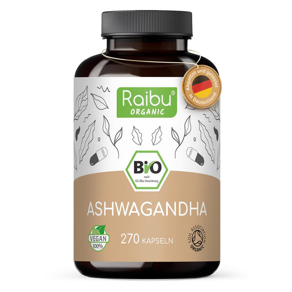 Ashwagandha Capsules Organic High Dose, 270 Capsules with 2400mg per daily dose I Ashwagandha Root Powder in high organic quality, without additives from German production I Raibu