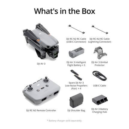 DJI Air 3 Fly More Combo with DJI RC-N2 remote controller, drone with camera for adults, 4K HDR, 2 primary cameras (medium telephoto/wide-angle), 46 min. max. flight time, 48 MP, O4, 2 additional batteries