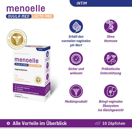 menoelle® OVULA med Lacto Pro. For bacterial vaginosis, vaginal yeast infections, inflamed mucous membranes, and vaginal dryness. With lactic acid, probiotics, and a care complex. Hormone-free. 10 suppositories.