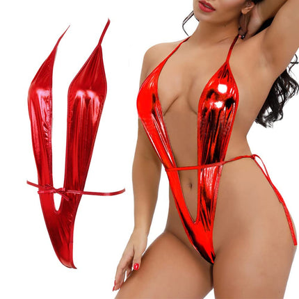 ROSVAJFY leather lingerie wetlook women's lingerie faux leather halter neck lingerie one piece backless leather dress bodysuit nightdresses clubwear underwear SML XL (red)