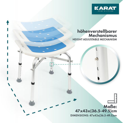 KARAT shower stool - height-adjustable shower chair 37.5-49.5 cm - load capacity up to 136 kg - non-slip &amp; stable shower seat - bathtub stool - anti-slip rubber feet (without cross braces)