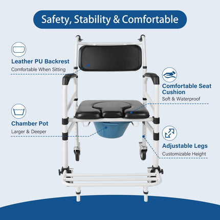 Height-adjustable toilet wheelchair, toilet chair for seniors with wheels, shower wheelchair, bedside chair for seniors, shower chair with wheels for the disabled, mobile toilet chair with arms (black)
