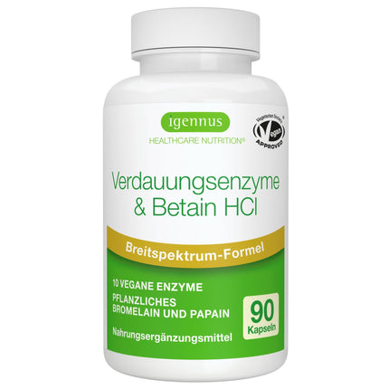 Digestive Enzyme Complex with Betaine HCl &amp; Bromelain, 10 Vegan Enzymes with Papain &amp; Lipase, Comprehensive Digestive Support, Hypoallergenic, 90 Capsules, by Igennus