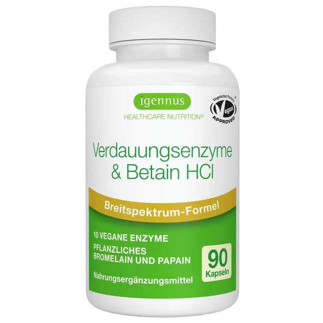 Digestive Enzyme Complex with Betaine HCl &amp; Bromelain, 10 Vegan Enzymes with Papain &amp; Lipase, Comprehensive Digestive Support, Hypoallergenic, 90 Capsules, by Igennus