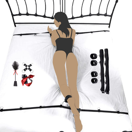 BDSMAGE BDSM set with 9 pieces, SM bed sets, ostrich feather whip and satin eye mask, handcuffs, ankle cuffs, cross buckle, fetish restraints sex toy extreme bondage set on the bed for couples