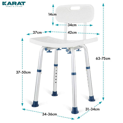 KARAT shower stool with removable backrest, shower chair for seniors, height adjustable 37-50cm, load capacity up to 150kg, non-slip and stable, shower seat, bath chair, bath stool Jonah