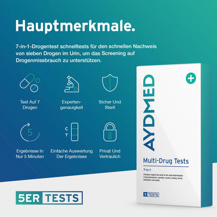 5 x AYDMED 7-in-1 Rapid Drug Test | Drug Test for Self-Test Urine Screening | Drug tests for the detection of cocaine, opiates, methadone, amphetamines, cannabis, ecstasy, and benzodiazepines