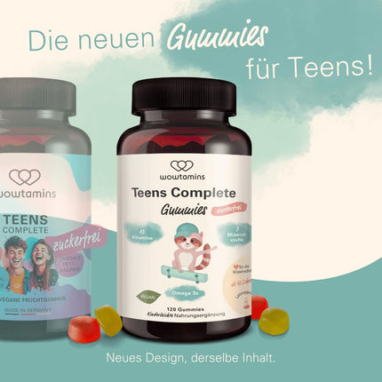 wowtamins Teens Complete sugar-free - Vitamins for teenagers (30-day supply) - Multivitamin Gummies with Omega 3 - Dietary supplement for the immune system with vitamins C, D3, B12, zinc &amp; more