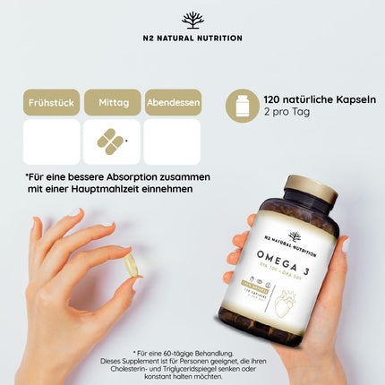 Omega 3 Capsules Highly dosed with 2000 mg fish oil with 700 mg EPA and 500 mg DHA, fish oil with vitamin E and omega 3 fatty acids. 120 softgel capsules of pure marine fish oil from N2 Natural Nutrition