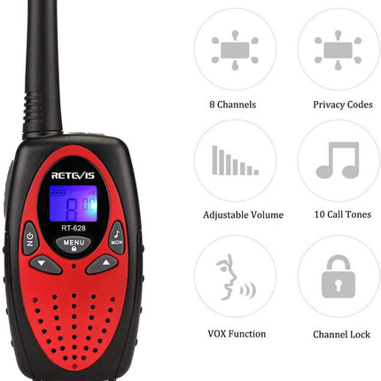 Retevis RT628 Walkie Talkie Set of 4, Children's Radio Long Range, Easter Gifts for Children, Toys for Ages 3-12, Gifts for Birthdays, Holidays, Camping, Adventures (2 Pairs, Red)