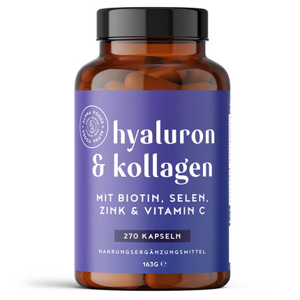Hyaluron &amp; Collagen Complex | 270 Capsules | Highly dosed with hyaluronic acid, biotin, selenium, zinc, vitamin C &amp; bamboo extract | Hyaluron Collagen Complex | Skin, hair, nails | Alpha Foods