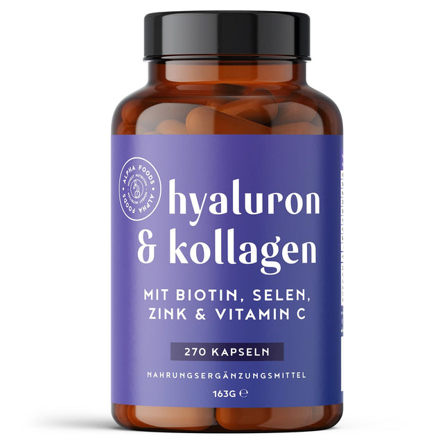 Hyaluron &amp; Collagen Complex | 270 Capsules | Highly dosed with hyaluronic acid, biotin, selenium, zinc, vitamin C &amp; bamboo extract | Hyaluron Collagen Complex | Skin, hair, nails | Alpha Foods