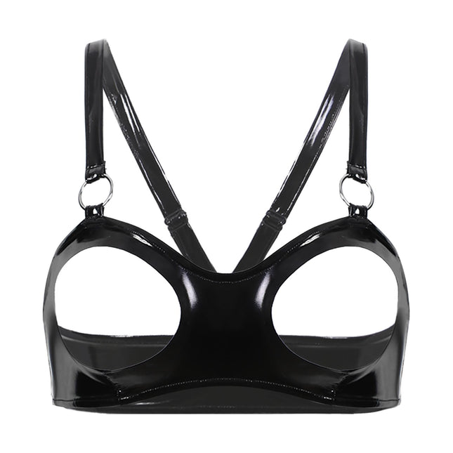 TiaoBug Women's Wetlook Open Bra Erotic Underwear Sexy Lingerie Patent Leather Bra Sexy Nightwear Top Gogo Costume Clubwear Black B 4XL