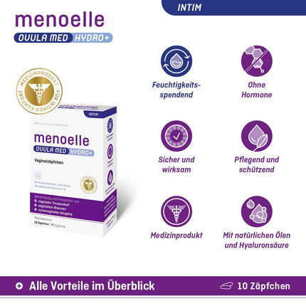 menoelle® OVULA med Hydro+ for the treatment of vaginal dryness, burning, itching, tightness, and irritated or inflamed vaginal mucosa – hormone-free &amp; regenerating. 10 suppositories.
