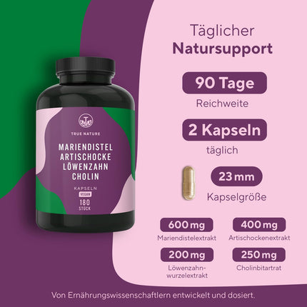 Milk Thistle Artichoke Dandelion Choline – 180 Capsules – 600 mg Milk Thistle Extract (480 mg Silymarin) – Supports the Liver with Choline* – With Herbal Bitters – Vegan – TRUE NATURE®