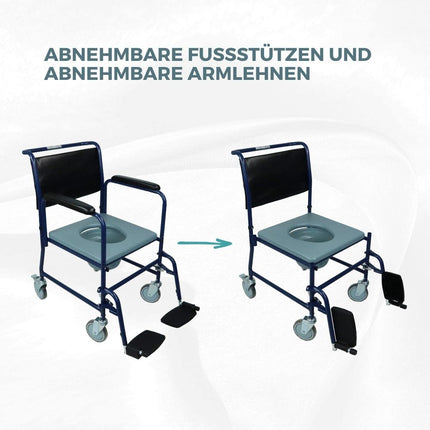 Mobiclinic, Commode Chair with Wheels, Barco, European Brand, Toilet Seat for the Elderly and Disabled, Toilet Seat, Folding Armrests, Removable Footrests, Lid, Parking Brake, Blue