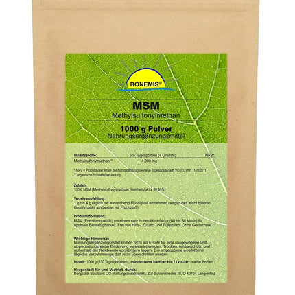 MSM, 1 kg powder in a bag, premium quality (99.95% purity, 60-80 mesh), without silicon dioxide, without DMSO residues, Bonemis®