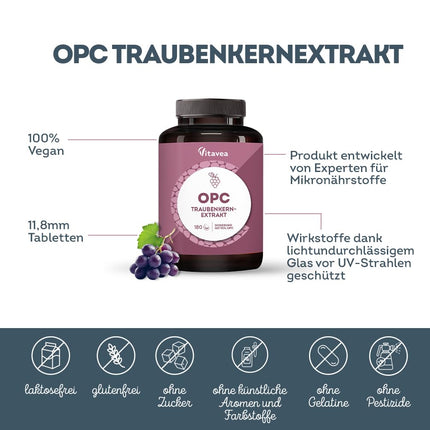 OPC Grape Seed Extract - High Dose with 95% Pure OPC - From French Grapes - Laboratory Tested (HPLC Method), Vegan - 180 Tablets - Vitavea