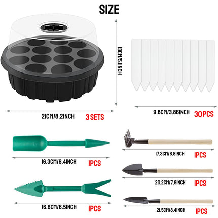 Indoor greenhouse cultivation box, 3 pieces 39 cells, mini greenhouse cultivation set, cultivation tray with cover, greenhouse plastic cultivation trays, with 5 small gardening tools + 30 plant labels (black)