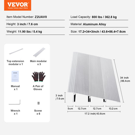 VEVOR Door Threshold Ramp 43.6 x 86.4 x 7.6 cm Wheelchair Ramp 362.8 kg Load Capacity Aluminum Alloy Curb Ramp Modular Design Threshold Ramp Non-Slip Aluminum Ramp Ramp