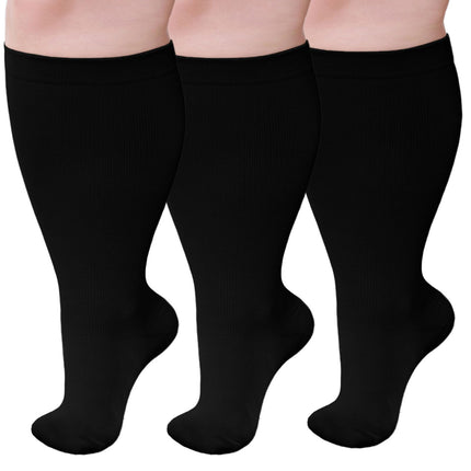 PUTUO Compression Stockings Thick Calves Men: Thrombosis Stockings Women Plus Size Support Stockings Men Women Compression Socks for Flight Medical Running Travel Black 3XL 3 Pairs