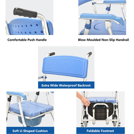 Commode Chair with Wheels for Seniors, Multifunctional Shower Chair, Folding Commode Chair with Urine Bucket, Commode Chairs for Elderly and Disabled, Load Capacity 120 kg