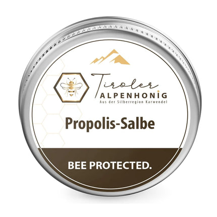 Propolis ointment with beeswax, olive oil, propolis tincture, and shea butter. Ointment (40g) made with Tyrolean Alpine honey in the Tyrolean mountains.